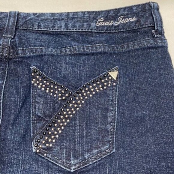 GUESS Jeans Mini Skirt Women's 29 Blue Dark Wash Denim Western Style Beaded Y2K - Picture 4 of 9
